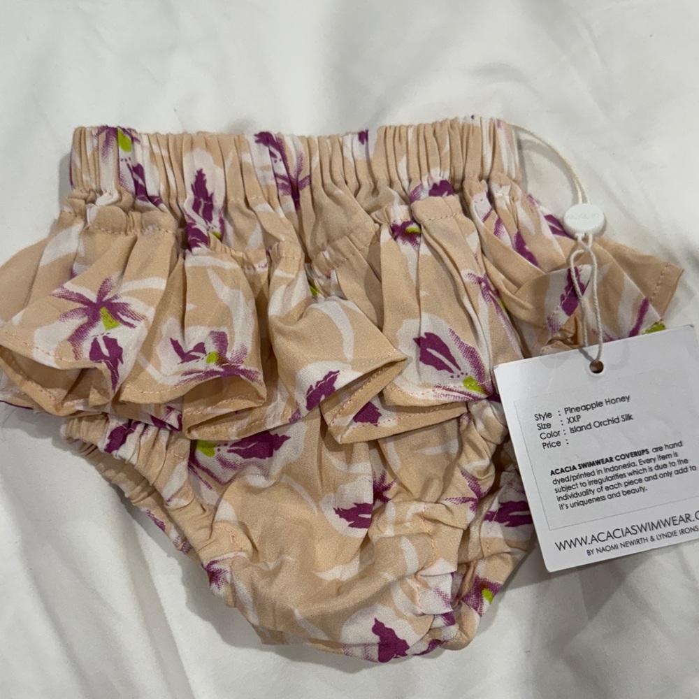 Acacia Swimwear Kids Floral Ruffle Shorts - Tan and Purple bloomers xxp